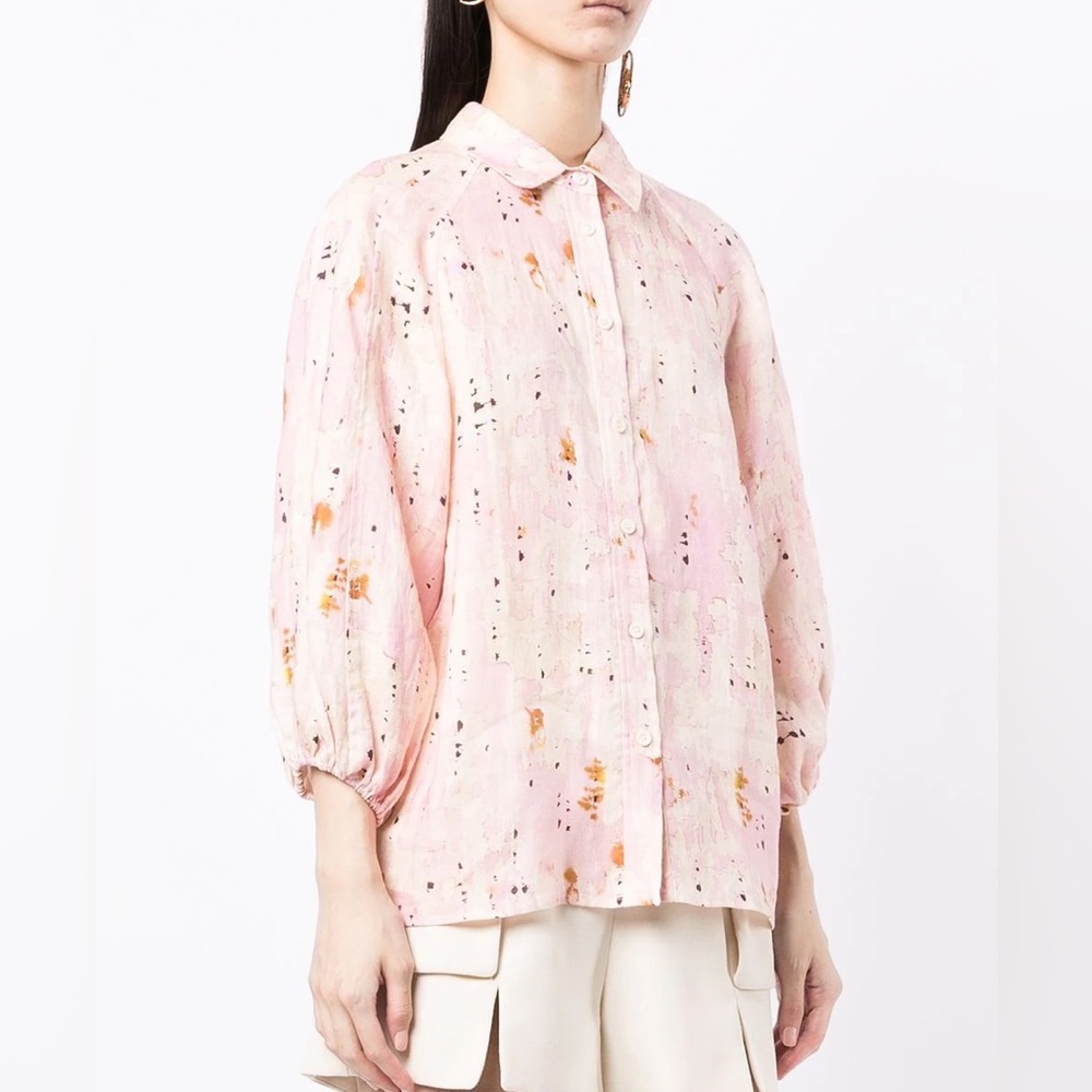 ALEXIS Intermix distressed-finish pink linen button down shirt blouse top M